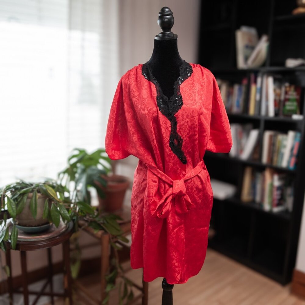 Vintage 90s Delicates Satin Robe Red S Lace Beaded Sequin Trim Boudoir Lingerie